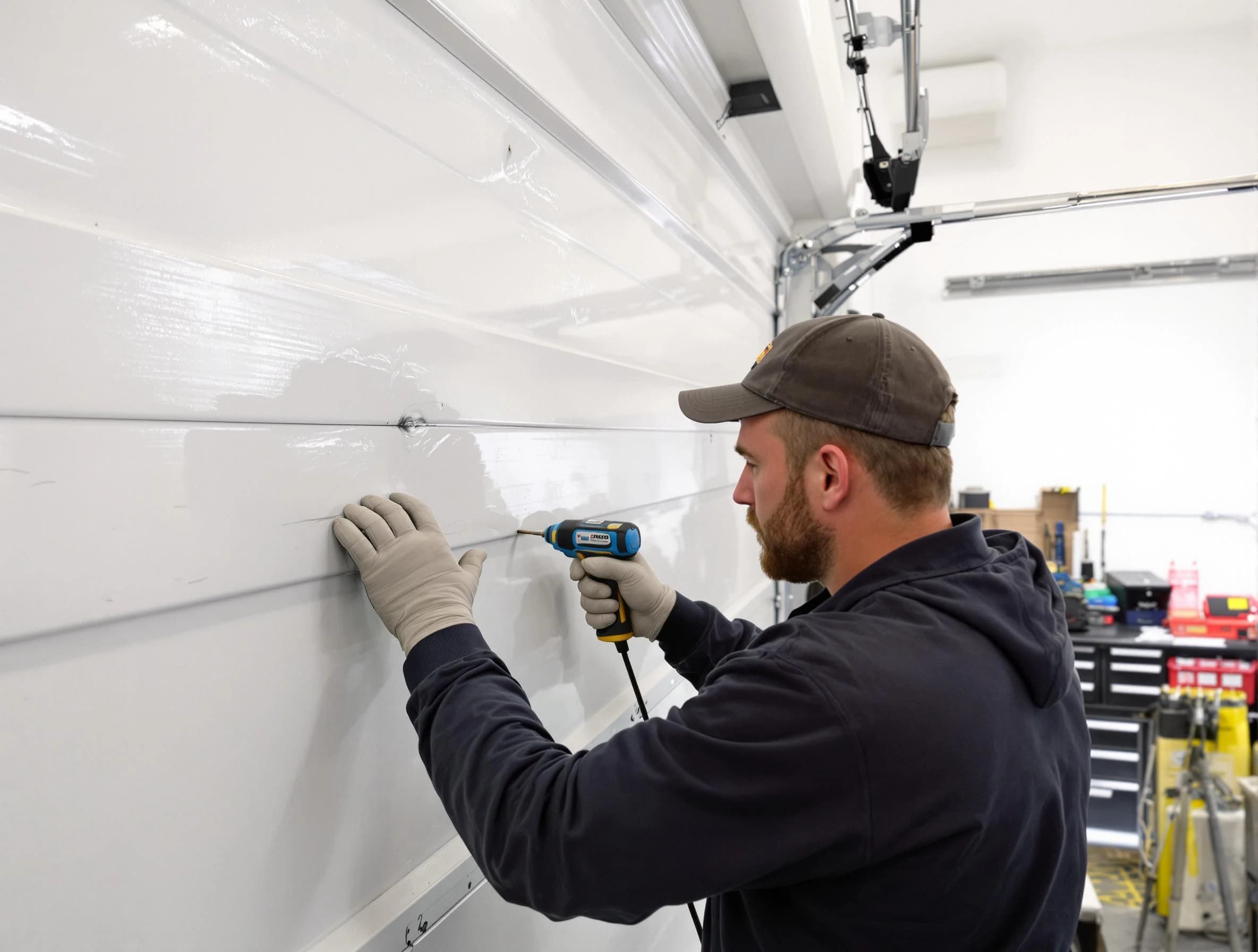 Berkley Garage Door Repair technician demonstrating precision dent removal techniques on a Berkley garage door